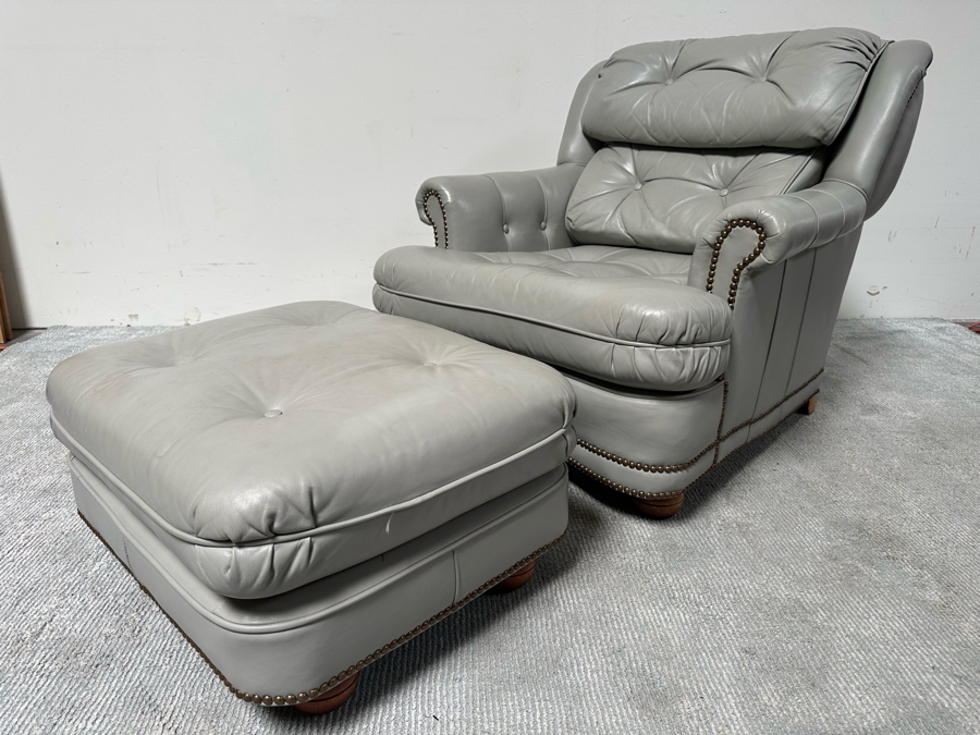 Classic Leather Armchair With Brass Nailhead Trim And Ottoman [Photo 2]