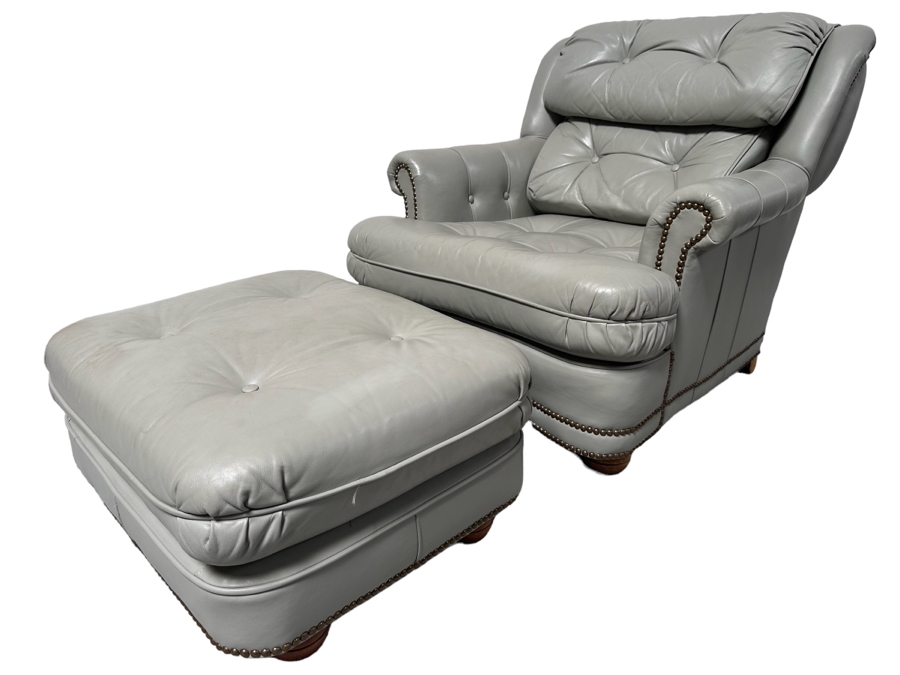 Classic Leather Armchair With Brass Nailhead Trim And Ottoman