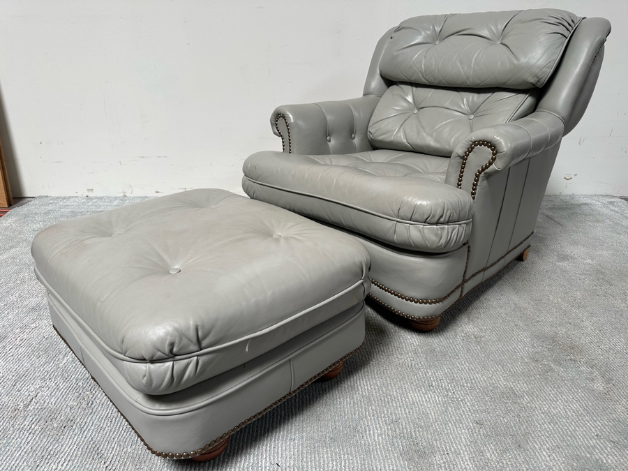 Classic Leather Armchair With Brass Nailhead Trim And Ottoman [Photo 3]