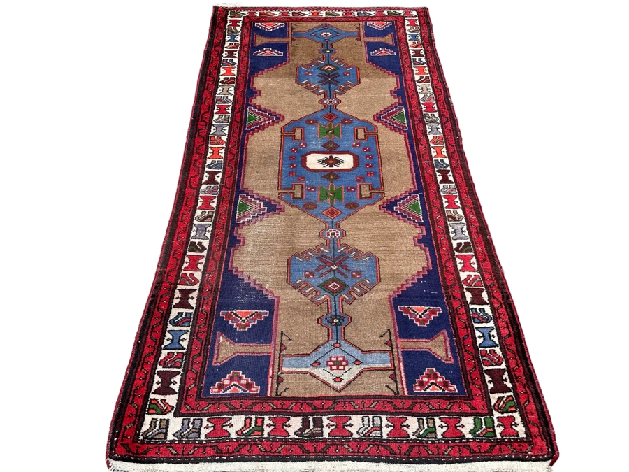 Vintage Hand Knotted Wool Persian Geometric Area Rug 42.5 X 77