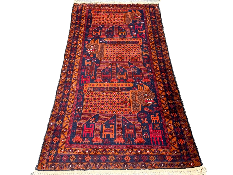 Hand Knotted Wool Belouch Persian Pictorial Area Rug With Animals Made In Afghanistan 38.5 X 68