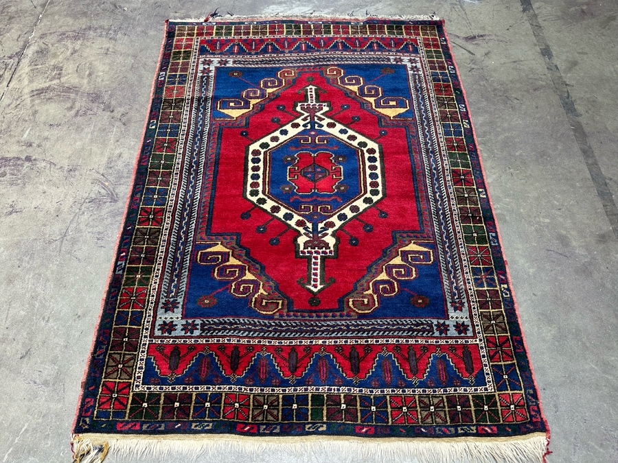 Stunning Hand Knotted Wool Persian Area Rug With Reds And Blues Geometric 48 X 70 [Photo 4]