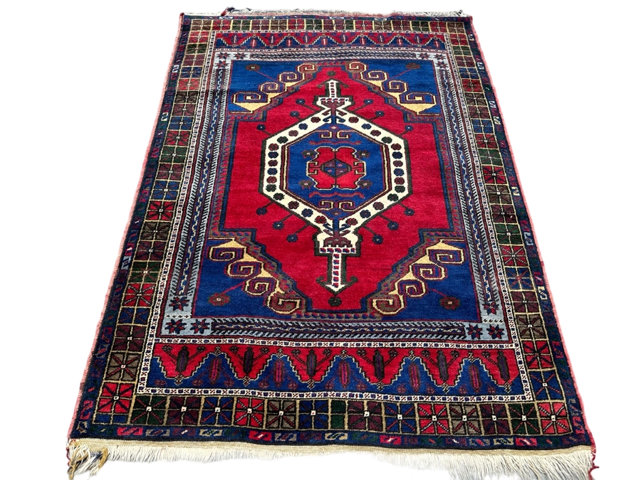 Stunning Hand Knotted Wool Persian Area Rug With Reds And Blues Geometric 48 X 70 [Photo 1]