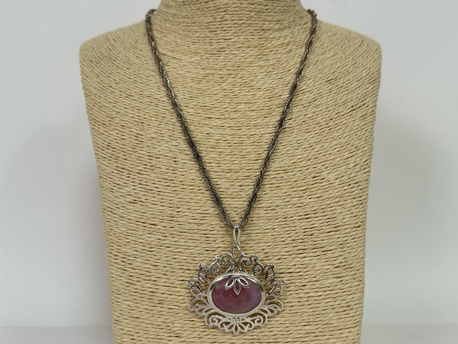 Large Sterling Silver With Stone Pendant And Italian Sterling Silver 19' Rope Chain Necklace 29.2g [Photo 4]
