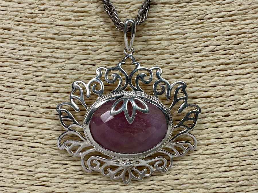 Large Sterling Silver With Stone Pendant And Italian Sterling Silver 19' Rope Chain Necklace 29.2g [Photo 5]