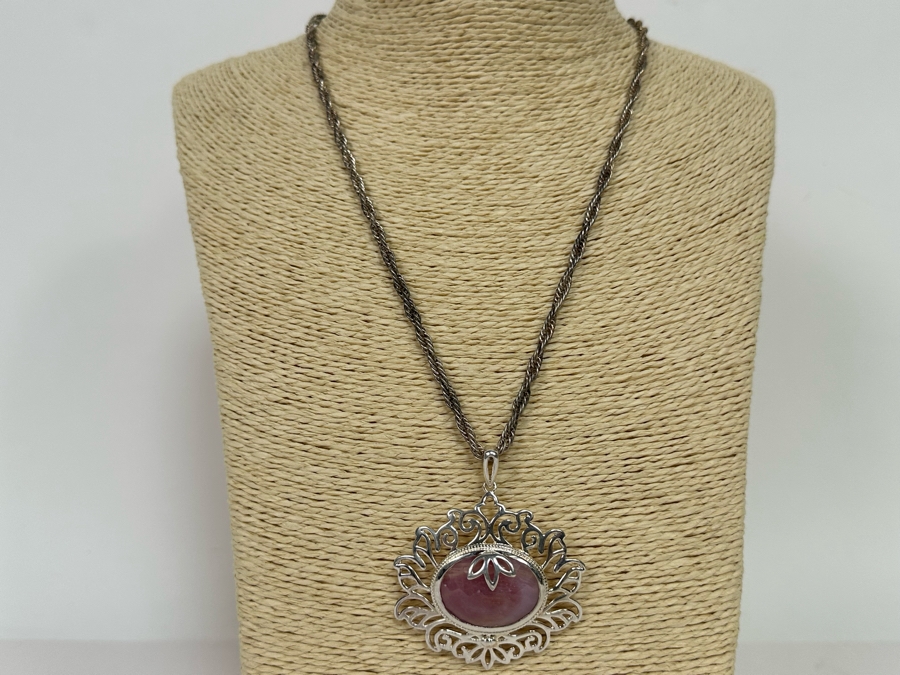 Large Sterling Silver With Stone Pendant And Italian Sterling Silver 19' Rope Chain Necklace 29.2g [Photo 3]