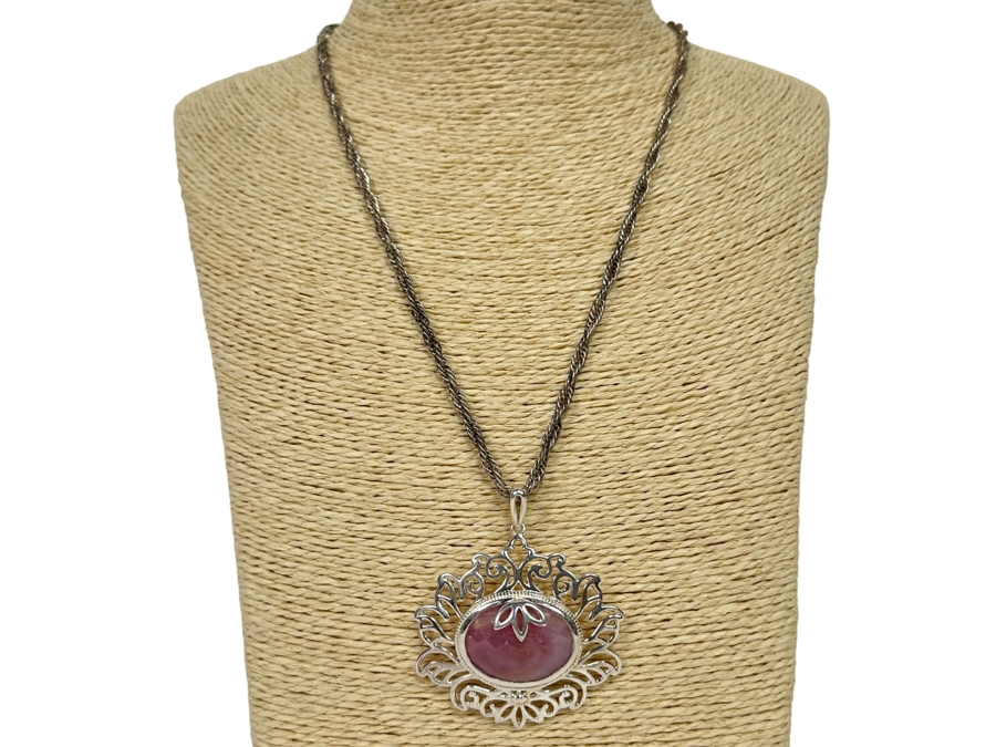 Large Sterling Silver With Stone Pendant And Italian Sterling Silver 19' Rope Chain Necklace 29.2g