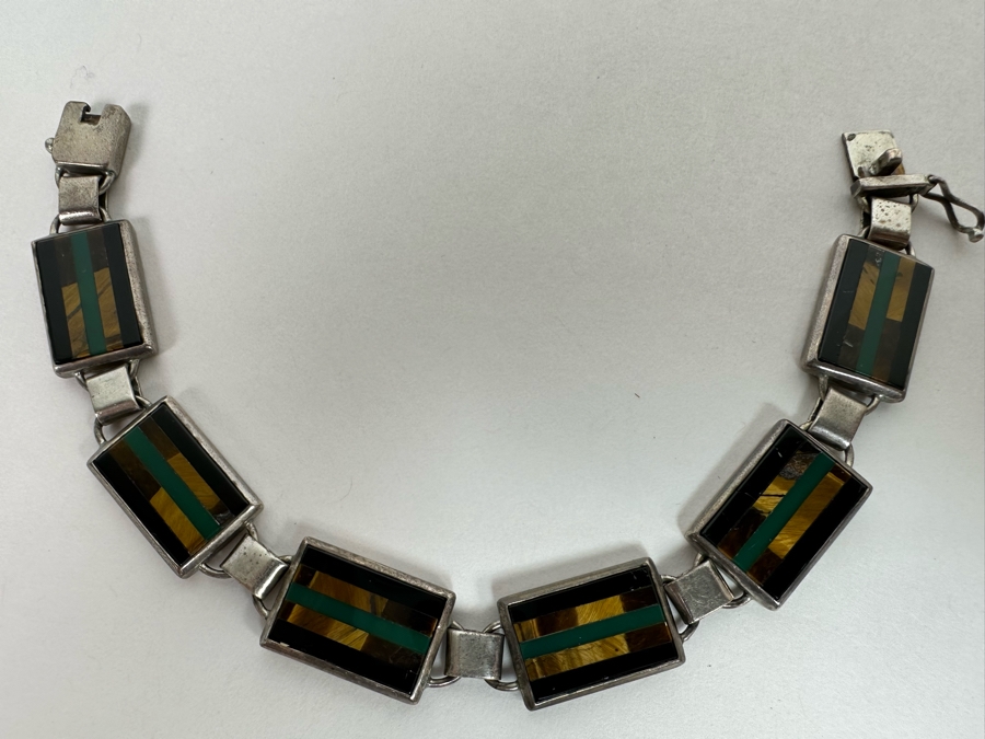 Sterling Silver Inlaind Stone Mexican 7.5' Bracelet TS-42 Taxco 25.7g [Photo 2]