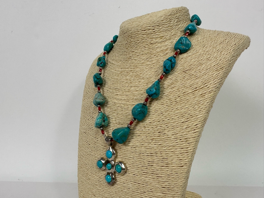 Sterling Silver Turquoise Pendant Signed G Barse Thai With Chunky Turquoise 20' Necklace 72.2g [Photo 9]