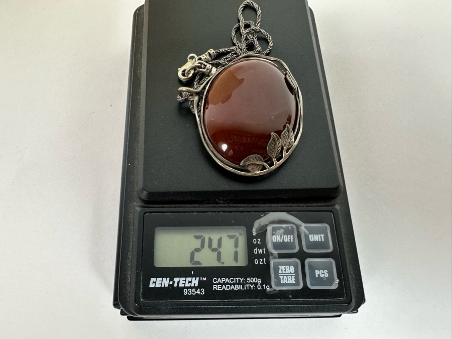 Large Sterling Silver Cabochon Stone Pendant Signed B Israel With 18' Sterling Silver Chain Necklace 24.7g [Photo 10]