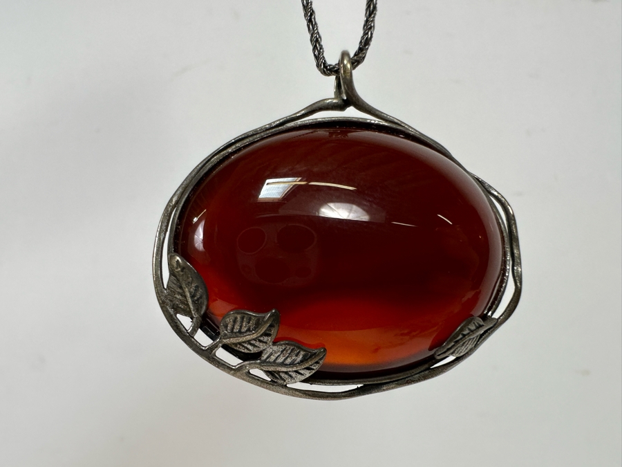 Large Sterling Silver Cabochon Stone Pendant Signed B Israel With 18' Sterling Silver Chain Necklace 24.7g [Photo 8]