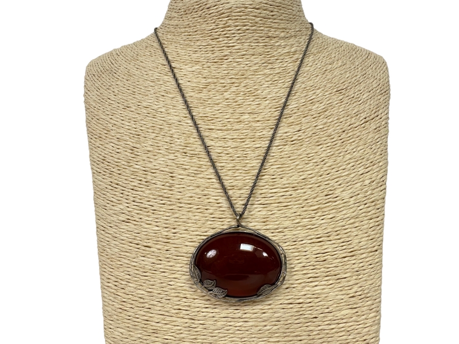 Large Sterling Silver Cabochon Stone Pendant Signed B Israel With 18' Sterling Silver Chain Necklace 24.7g