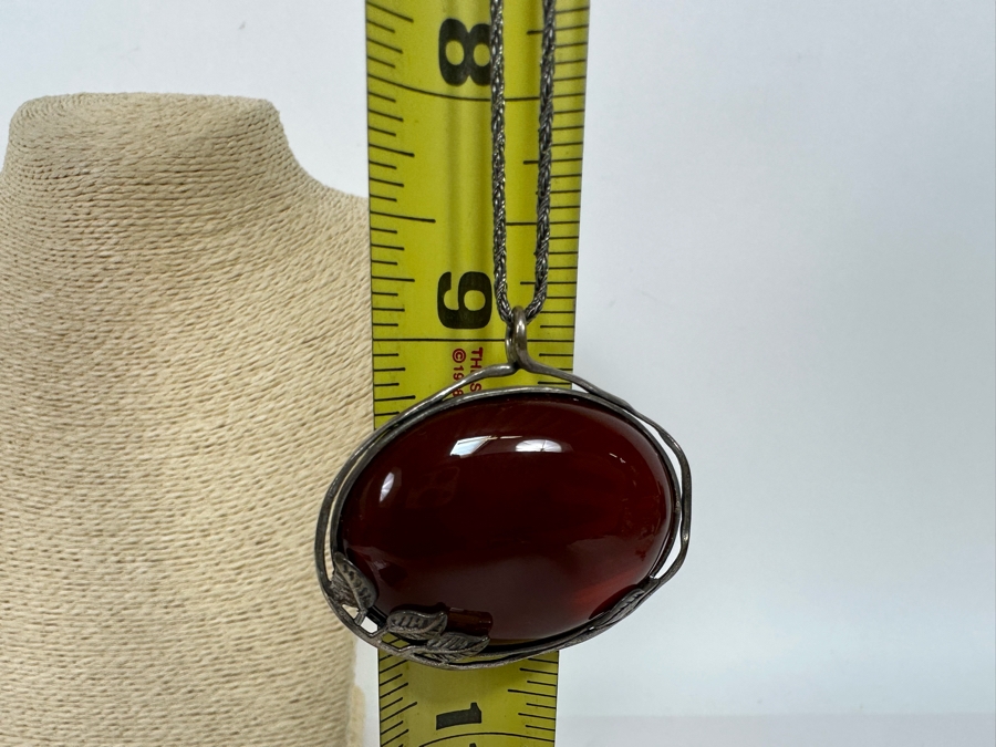 Large Sterling Silver Cabochon Stone Pendant Signed B Israel With 18' Sterling Silver Chain Necklace 24.7g [Photo 9]