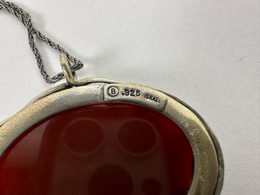 Large Sterling Silver Cabochon Stone Pendant Signed B Israel With 18' Sterling Silver Chain Necklace 24.7g [Photo 7]