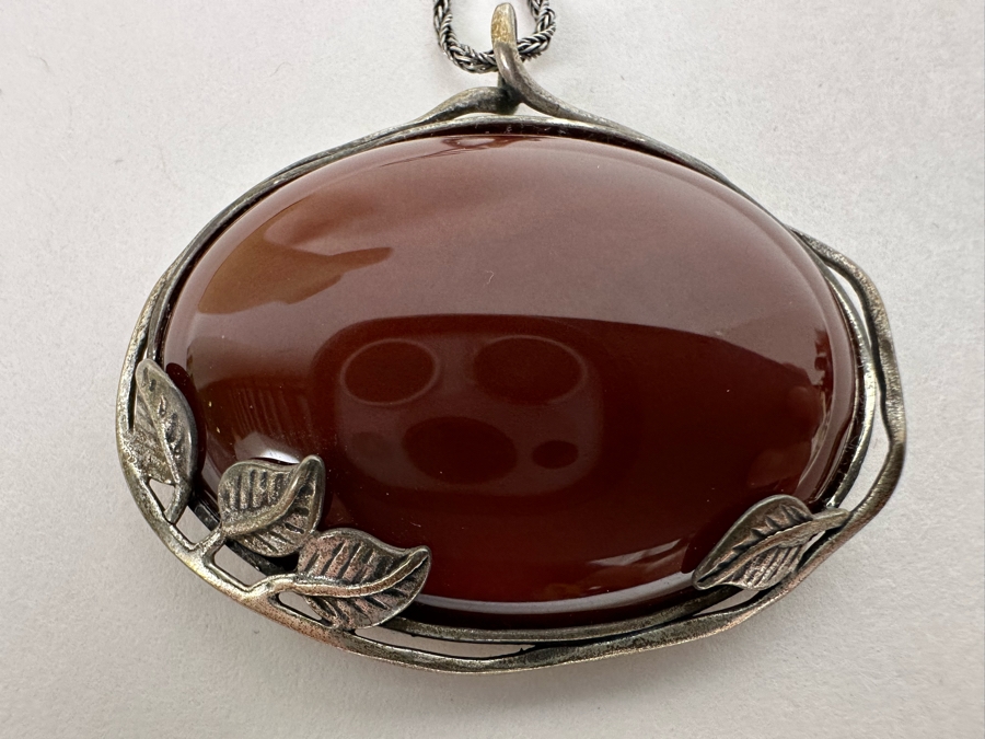 Large Sterling Silver Cabochon Stone Pendant Signed B Israel With 18' Sterling Silver Chain Necklace 24.7g [Photo 5]