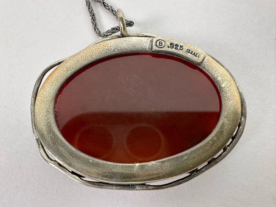 Large Sterling Silver Cabochon Stone Pendant Signed B Israel With 18' Sterling Silver Chain Necklace 24.7g [Photo 6]