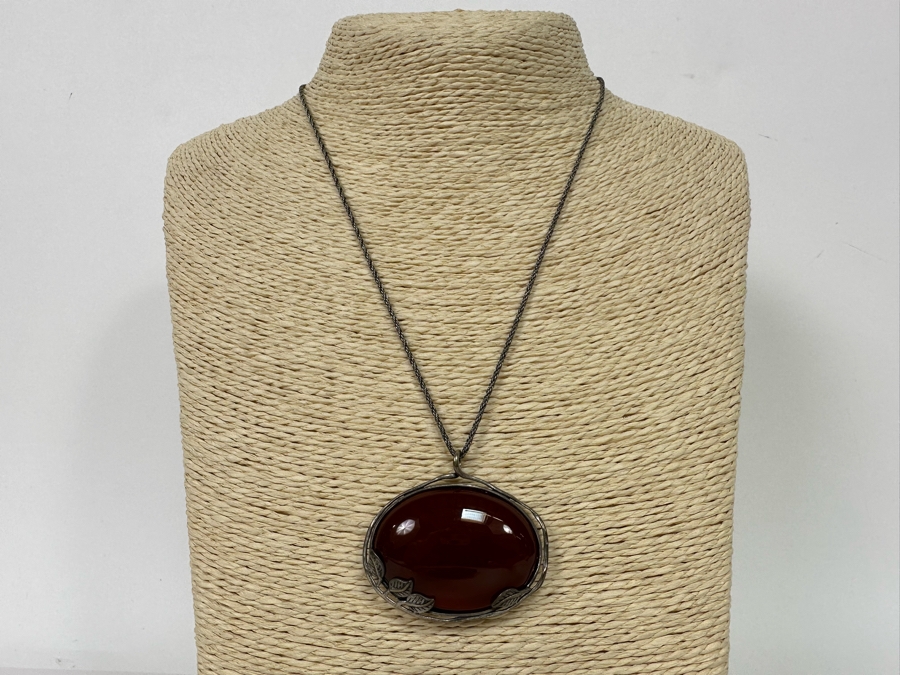 Large Sterling Silver Cabochon Stone Pendant Signed B Israel With 18' Sterling Silver Chain Necklace 24.7g [Photo 3]