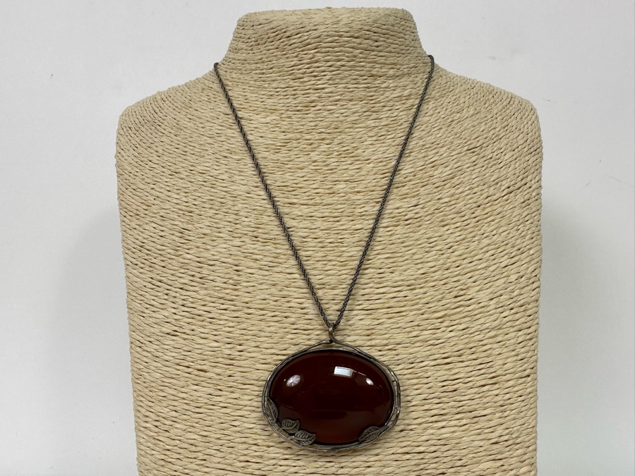 Large Sterling Silver Cabochon Stone Pendant Signed B Israel With 18' Sterling Silver Chain Necklace 24.7g [Photo 4]