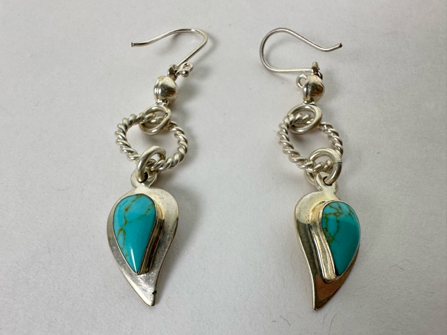 Vintage Signed Ragul Cano Mexico Sterling Silver Turquoise Earrings 7.4g [Photo 2]