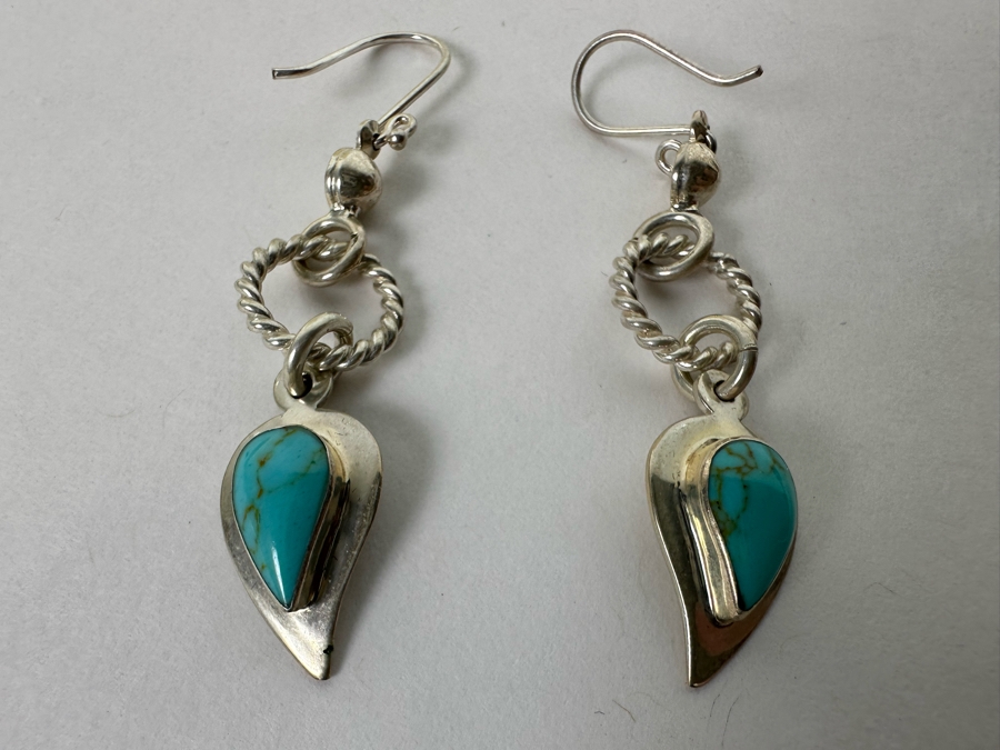 Vintage Signed Ragul Cano Mexico Sterling Silver Turquoise Earrings 7.4g [Photo 4]