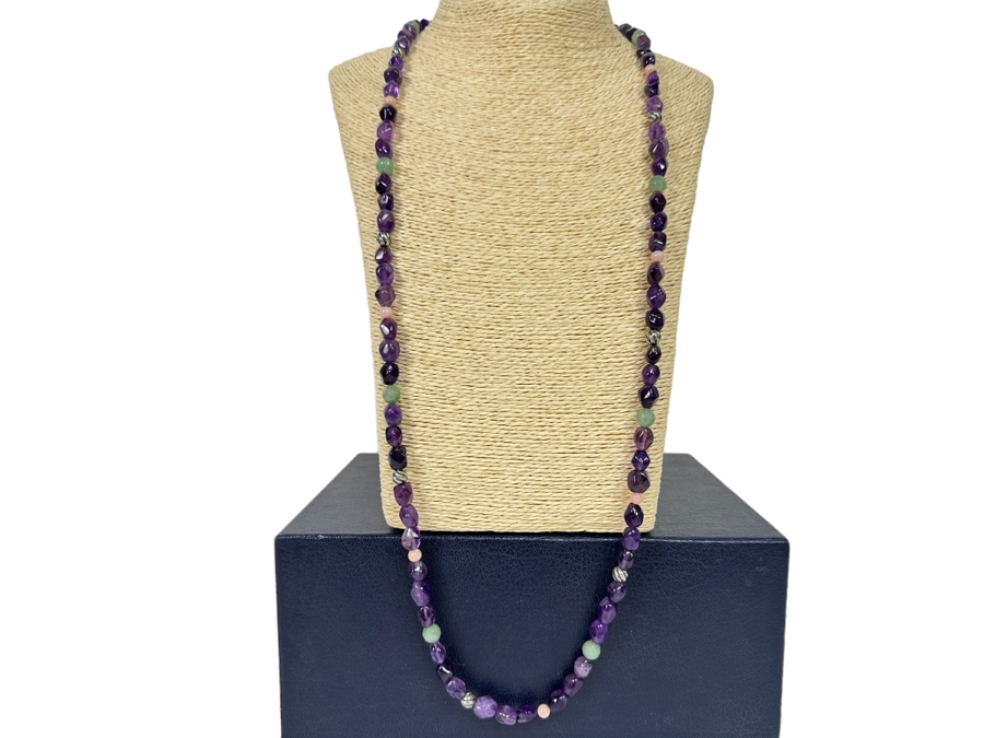 Multi-Stone Beaded 36' Necklace Predominantly Amethyst Stones With Sterling Silver Clasp [Photo 1]