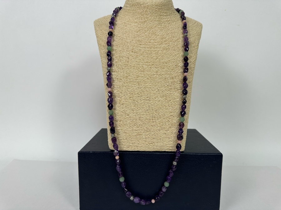 Multi-Stone Beaded 36' Necklace Predominantly Amethyst Stones With Sterling Silver Clasp [Photo 5]