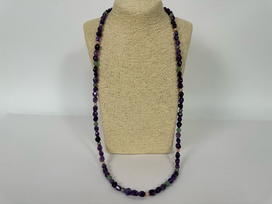 Multi-Stone Beaded 36' Necklace Predominantly Amethyst Stones With Sterling Silver Clasp [Photo 3]