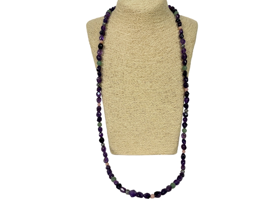Multi-Stone Beaded 36' Necklace Predominantly Amethyst Stones With Sterling Silver Clasp [Photo 2]