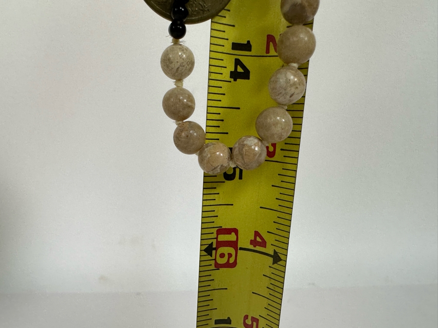 Vintage Japanese Carved Netsuke Pendant Agate Bead 30' Necklace With Onyx And Coins  [Photo 11]