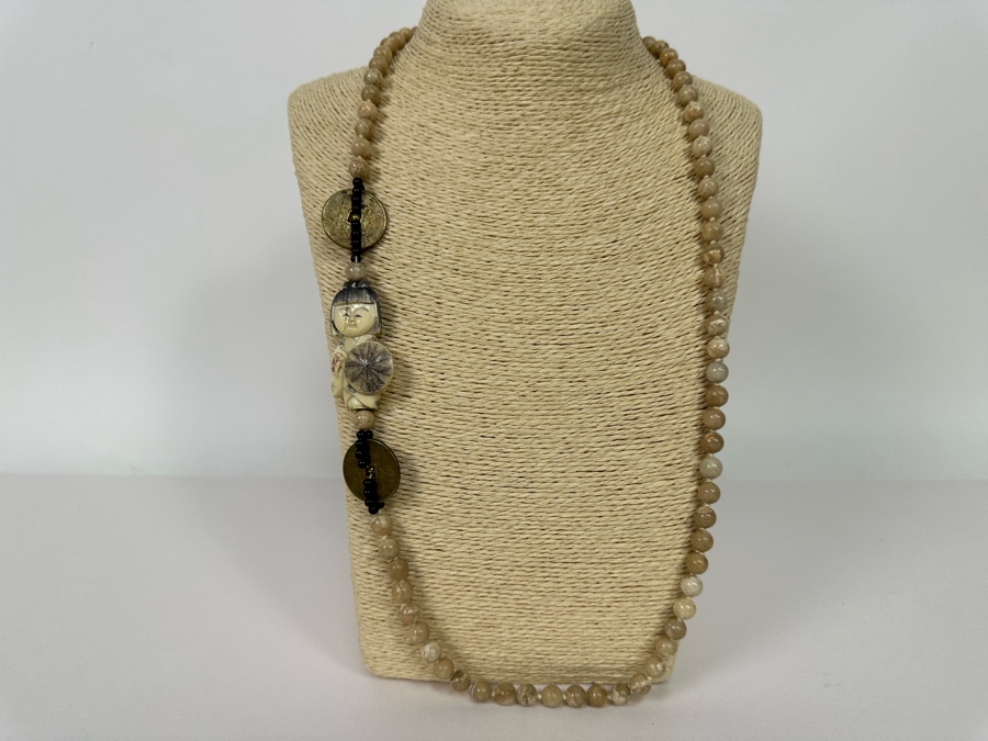 Vintage Japanese Carved Netsuke Pendant Agate Bead 30' Necklace With Onyx And Coins  [Photo 5]