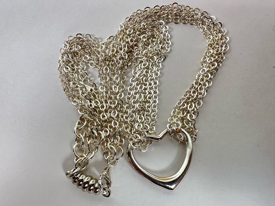 .999 Pure Silver Heart Pendant Multi-Strand 18' Chain Necklace Signed 41.4g [Photo 14]