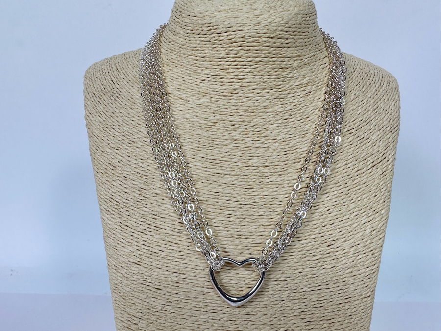 .999 Pure Silver Heart Pendant Multi-Strand 18' Chain Necklace Signed 41.4g [Photo 4]