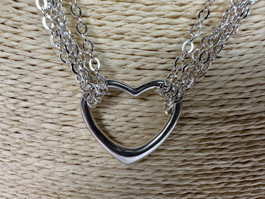 .999 Pure Silver Heart Pendant Multi-Strand 18' Chain Necklace Signed 41.4g [Photo 6]