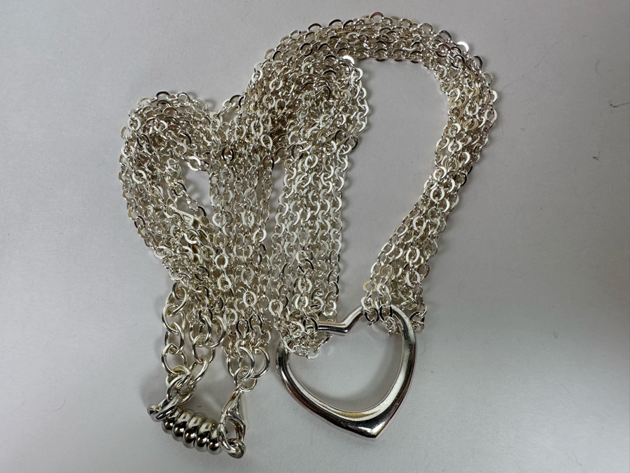 .999 Pure Silver Heart Pendant Multi-Strand 18' Chain Necklace Signed 41.4g [Photo 13]