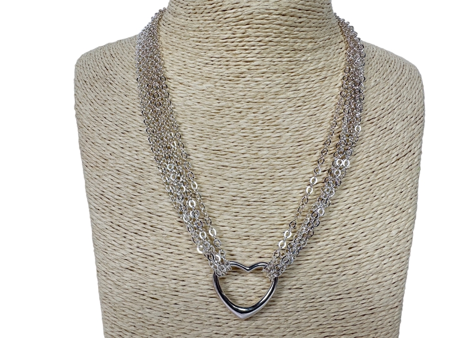 .999 Pure Silver Heart Pendant Multi-Strand 18' Chain Necklace Signed 41.4g [Photo 1]