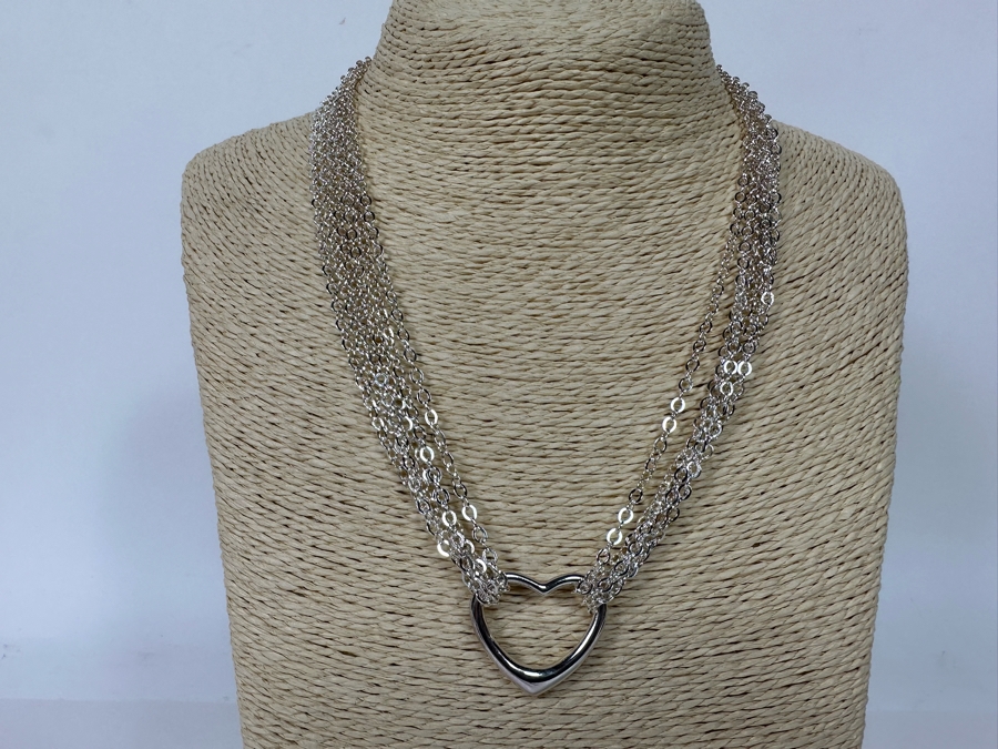 .999 Pure Silver Heart Pendant Multi-Strand 18' Chain Necklace Signed 41.4g [Photo 3]