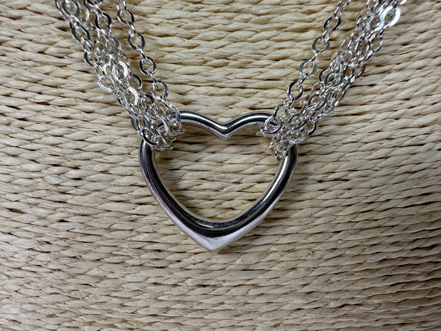.999 Pure Silver Heart Pendant Multi-Strand 18' Chain Necklace Signed 41.4g [Photo 5]