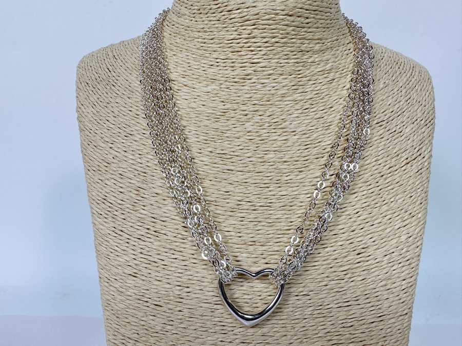 .999 Pure Silver Heart Pendant Multi-Strand 18' Chain Necklace Signed 41.4g [Photo 2]
