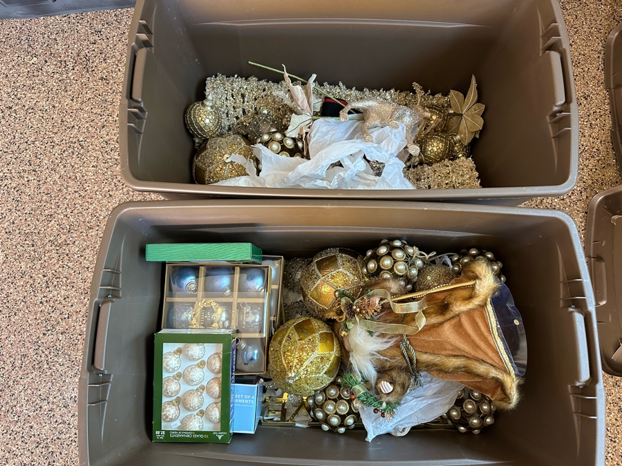 Two Bins Of Gold Tone Christmas Decorations [CR] [Photo 1]