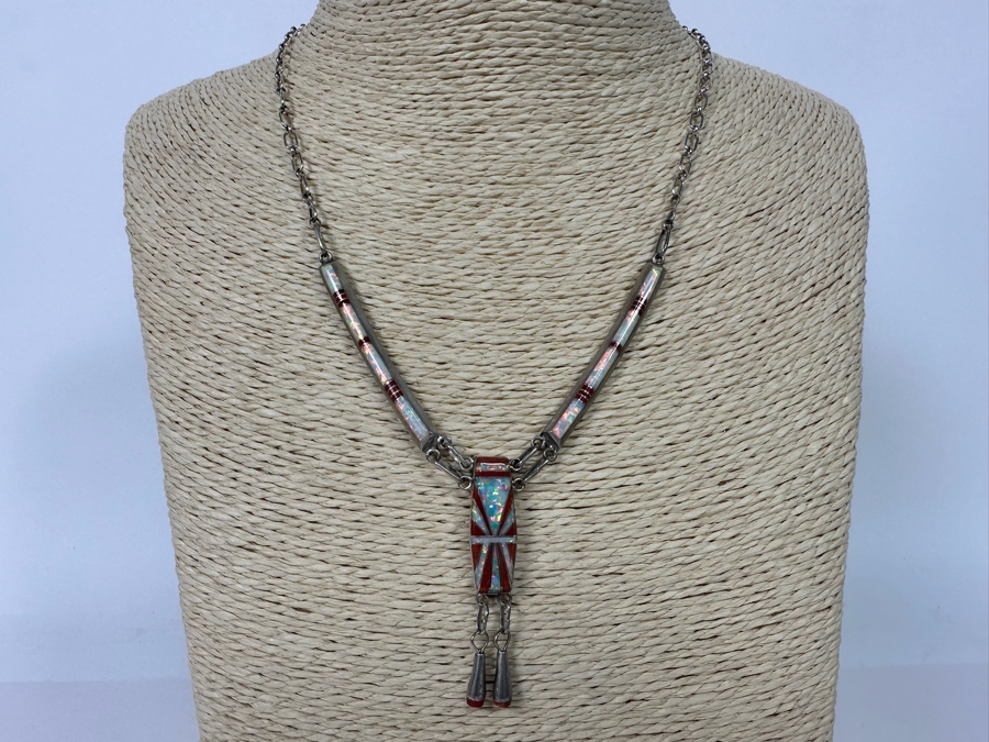 Stunning Inlaid Stone Sterling Silver Statement 18' Necklace With Matching Earrings Signed D Lucio [Photo 4]