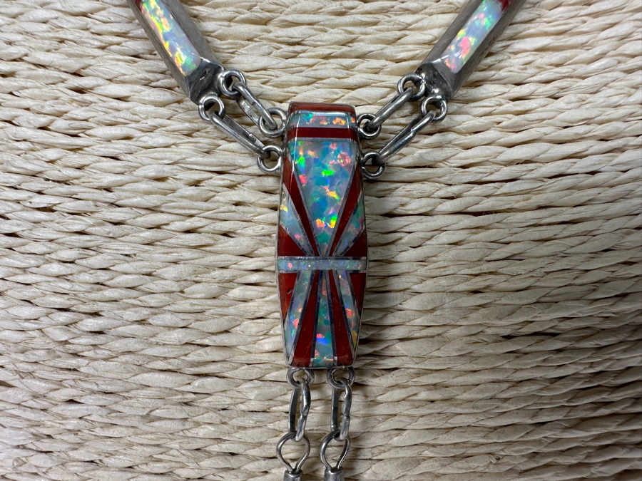 Stunning Inlaid Stone Sterling Silver Statement 18' Necklace With Matching Earrings Signed D Lucio [Photo 7]