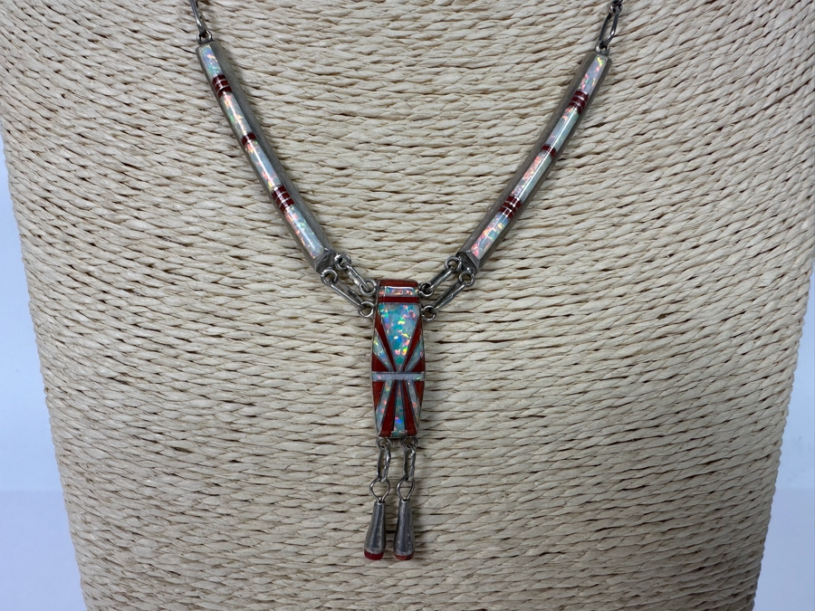 Stunning Inlaid Stone Sterling Silver Statement 18' Necklace With Matching Earrings Signed D Lucio [Photo 6]