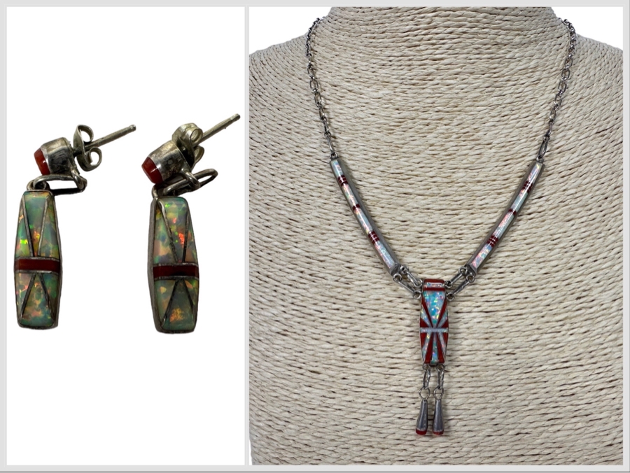 Stunning Inlaid Stone Sterling Silver Statement 18' Necklace With Matching Earrings Signed D Lucio [Photo 1]