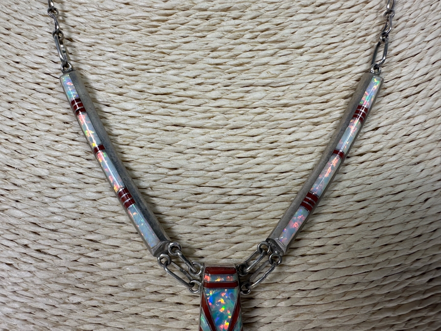 Stunning Inlaid Stone Sterling Silver Statement 18' Necklace With Matching Earrings Signed D Lucio [Photo 8]