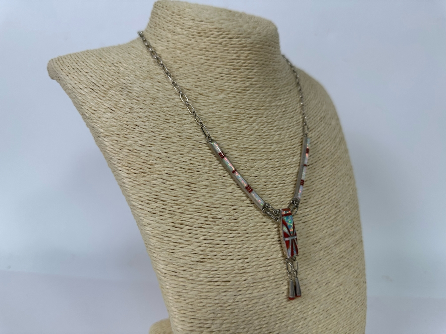 Stunning Inlaid Stone Sterling Silver Statement 18' Necklace With Matching Earrings Signed D Lucio [Photo 9]