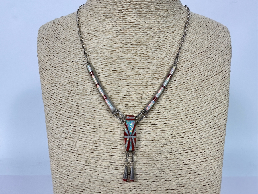 Stunning Inlaid Stone Sterling Silver Statement 18' Necklace With Matching Earrings Signed D Lucio [Photo 5]