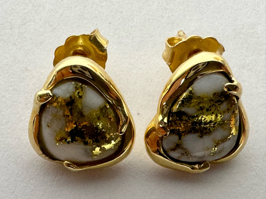 Stunning Pair Of 14K Gold Earrings With Gold Veined Quartz Stones 3.9g [Photo 7]
