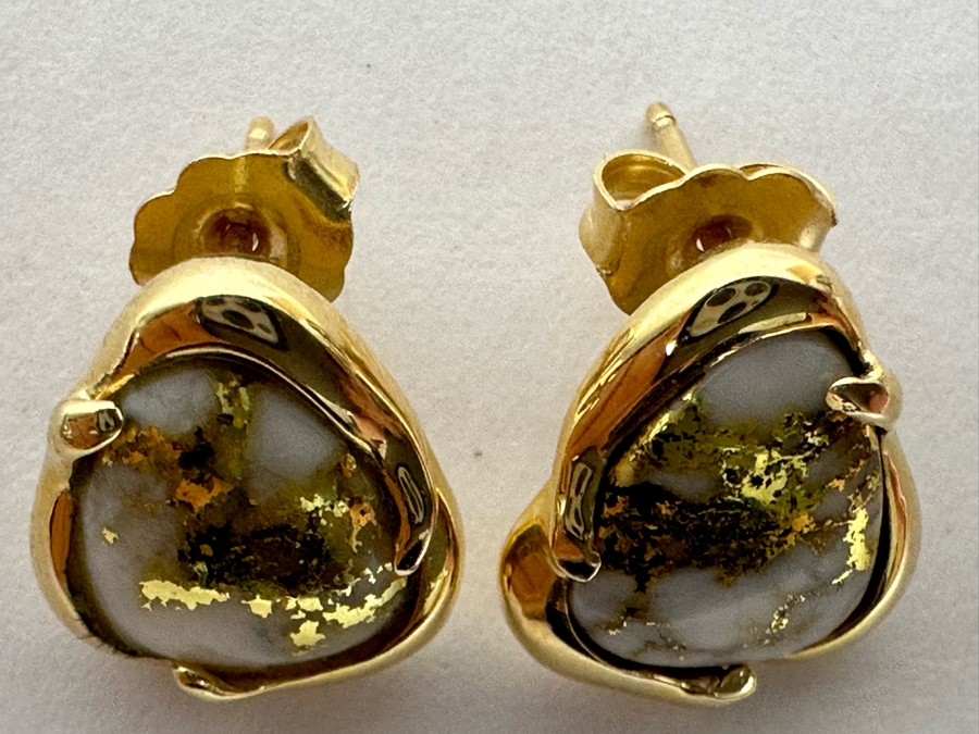 Stunning Pair Of 14K Gold Earrings With Gold Veined Quartz Stones 3.9g [Photo 8]