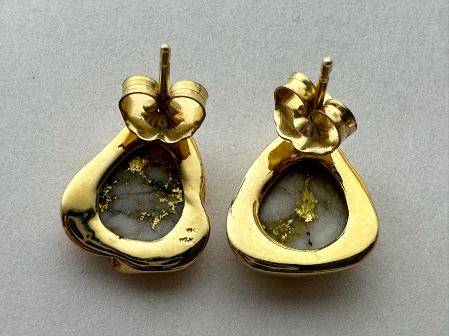 Stunning Pair Of 14K Gold Earrings With Gold Veined Quartz Stones 3.9g [Photo 10]