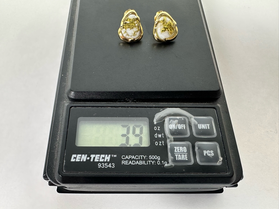 Stunning Pair Of 14K Gold Earrings With Gold Veined Quartz Stones 3.9g [Photo 17]